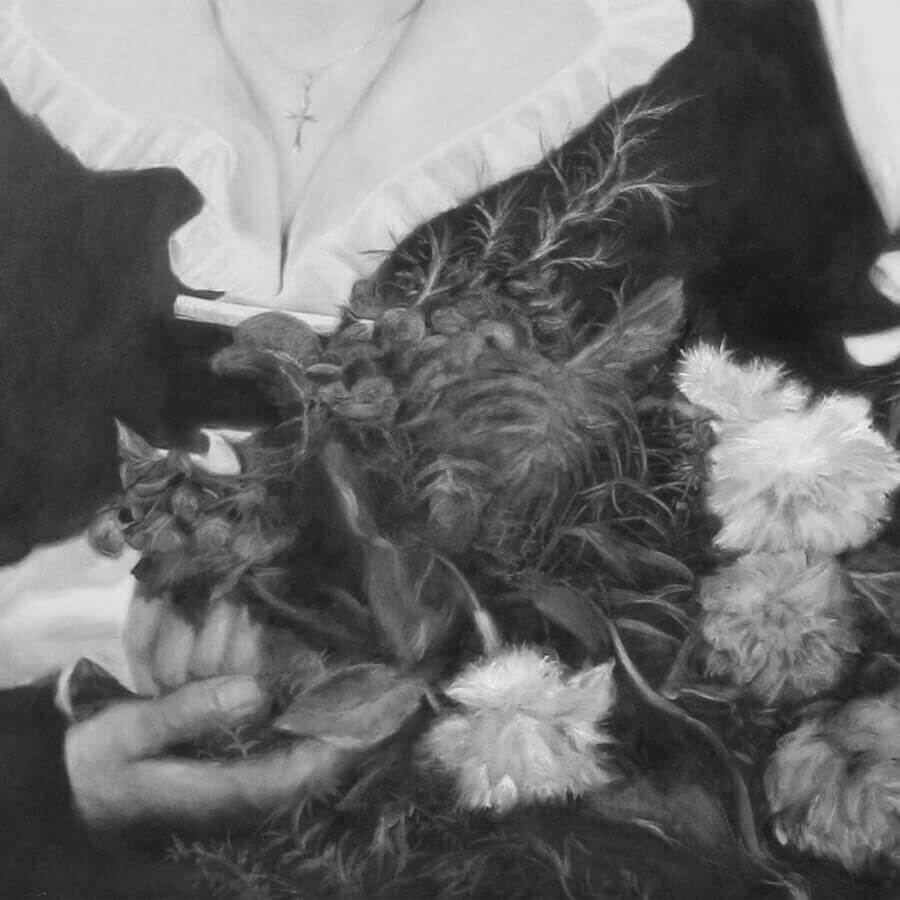 section of a painting "Wedding". showing a wedding couple in the 1950s.